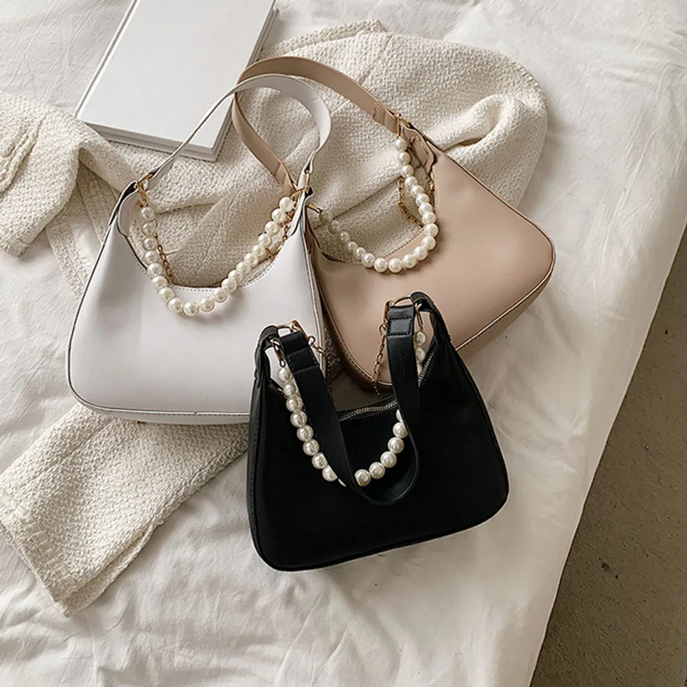 

Роскошная женская сумка-мессенджер с цепочкой, однотонная сумка-хобо из искусственной кожи с жемчужной цепочкой в стиле ретро, маленькая су...