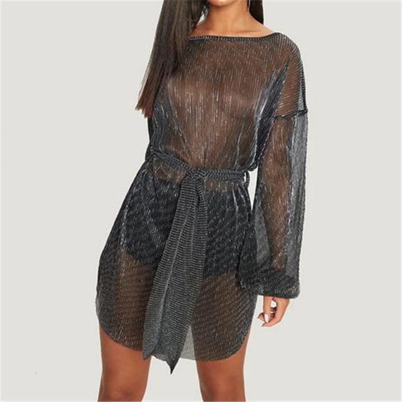 See Through Dress Mini Mesh Long Sleeve Sexy Dresses Bodycon For Women Elegant Clothes Loose Club Party |