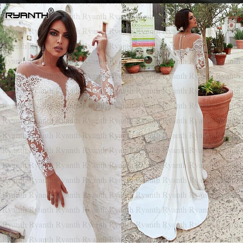 

Vestido de noiva Сексуальные Длинные рукава Кружева шифон свадебное платье в стиле бохо 2019 Горячие пуговицы Длинные свадебные платья на заказ Robe de ...