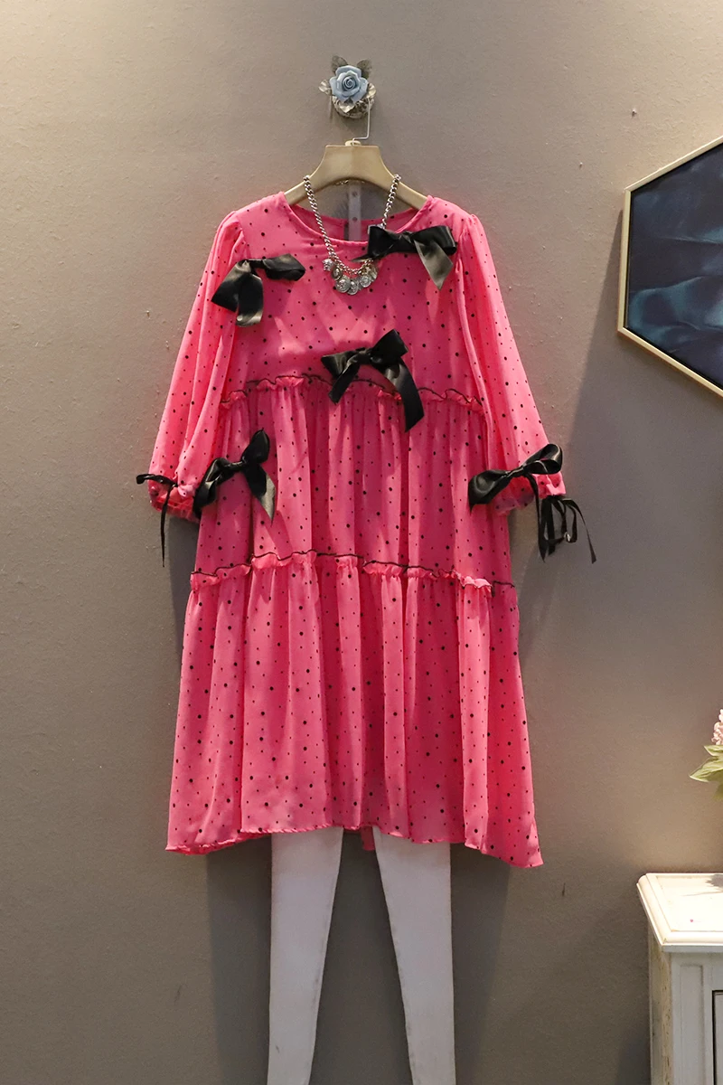 

SuperAen 2021 Summer New Korean Casual Wave Point Bow Loose Plus Size Chiffon Short-sleeved Dress