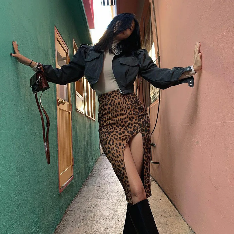 Фото Женские юбки с леопардовым принтом соблазнительная Юбка До Колена разрезом