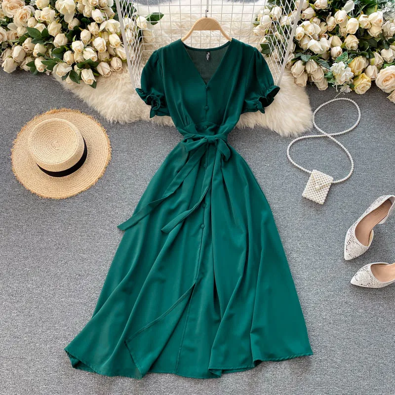 

Green/Blue/Red Midi Dress Women Elegant High Waist A-Line Vestidos With Sashes 2021 Summer New Vintage V-Neck Short Puff Sleeve