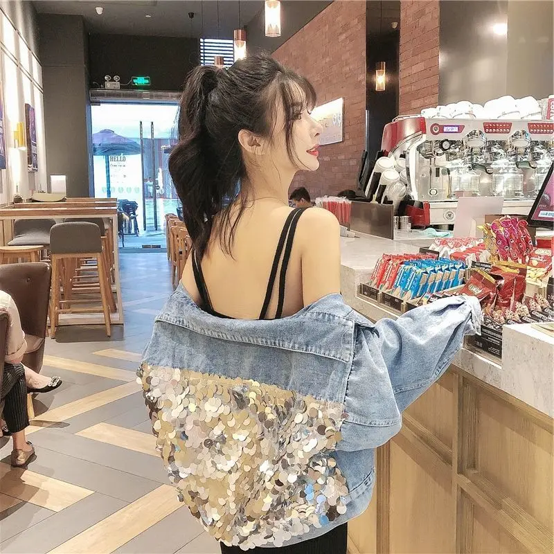 Женская джинсовая куртка с блестками свободная вечерние няя одежда из денима для