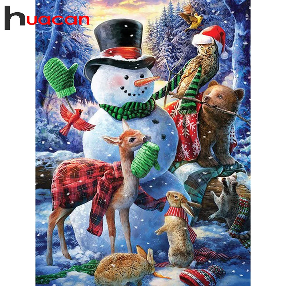 

Huacan Diamond Embroidery Complete Kit Snowman Animals 5D Diamond Mosaic Painting Cartoon Needlework Christmas Decoration