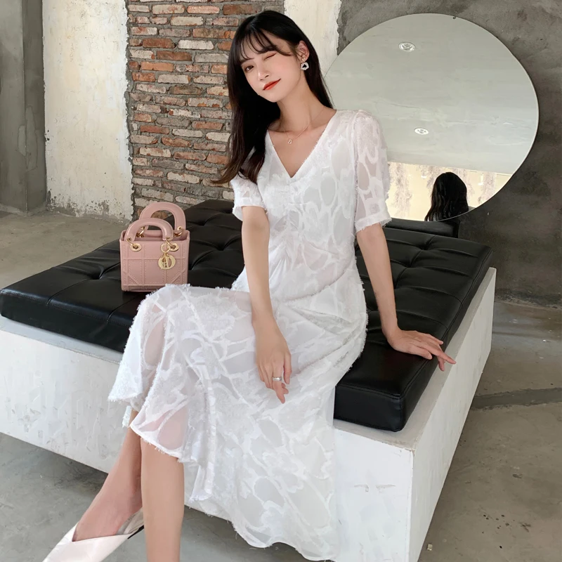 

Long Floral Print Chiffon Women Dress Summer Elegant White Runway 2020 Party Night Dress Tropical Bohemian Vacation Beach Dress