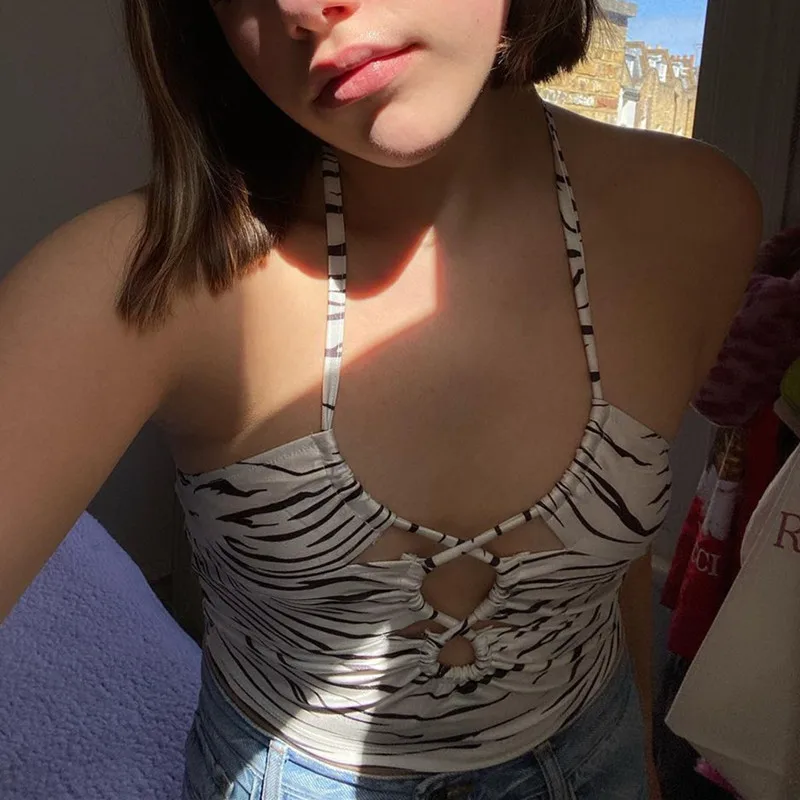 

DUAYR Casual Sling Neck White Top Women Summer Vest Sexy Hollow out Stripe Print Camiss Y2k Fashion Sleeveless Lace Up Crop top