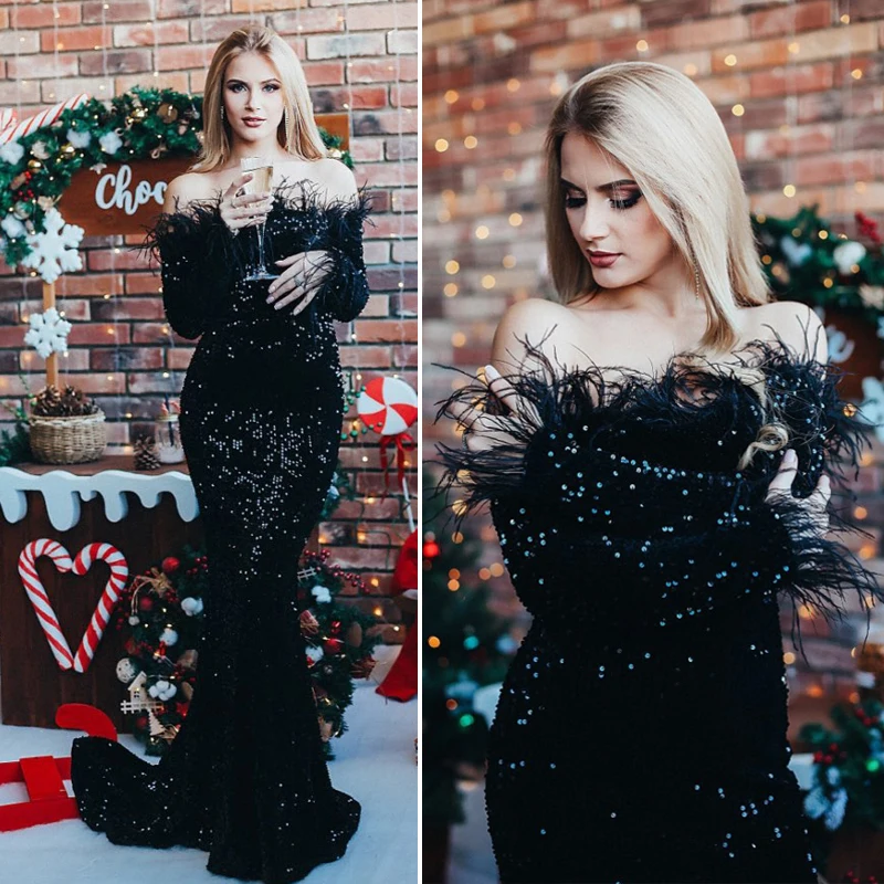 Сексуальное платье с перьями расшитое блестками длинное в пол вырезом лодочкой