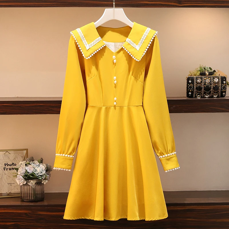 Yellow L-4XL Большие размеры женское винтажное желтое платье осень модное кружевное лоскутное милое платье трапециевидной формы с воротником Питер Пэн и длинным рукавом - Цвет: Yellow