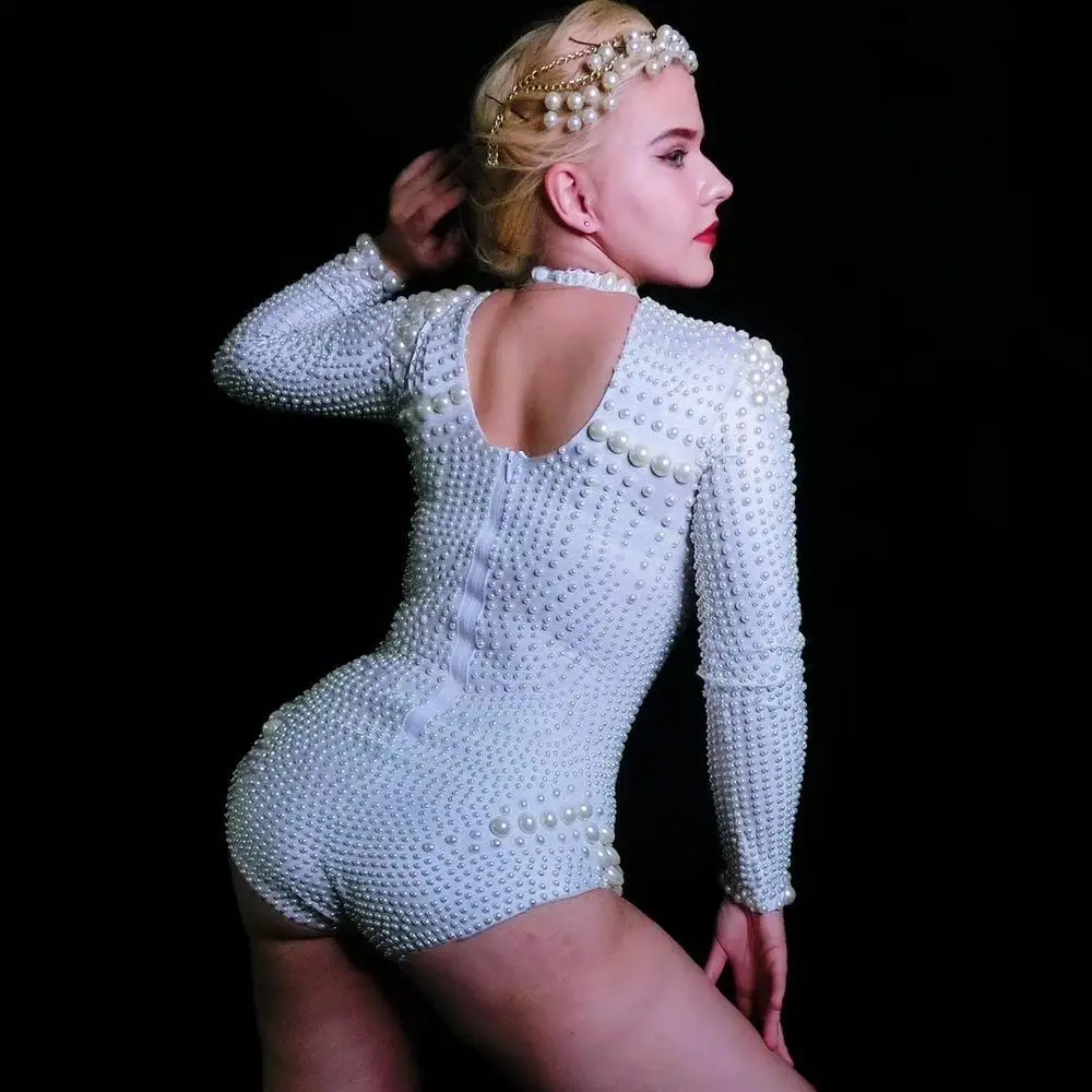 Women Sexy Jazz Singer Stage Costumes Vintage White Full Pearls Elastic Bodysuits Nightclub DJ DS Dancer Leotard