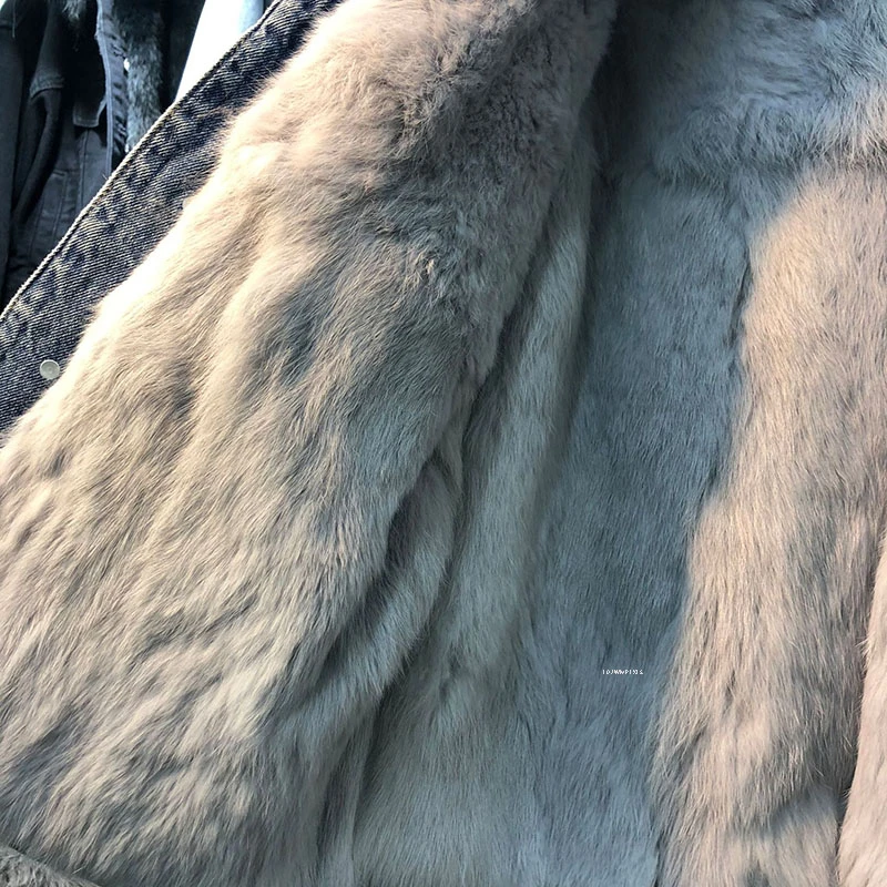 

Winter Fashion Warm Natural Fox Fur Collar Coats + Real Rabbit Hair Liner Denim Jacket Female Splicing Thick Real Fur Outwear