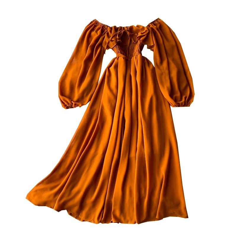 

Autumn Women Slash Neck Long Sleeve Midi Dress Female Yellow/Red/Pink High Waist Ruffle Big Swing Chiffon Dresses Fashion 2021