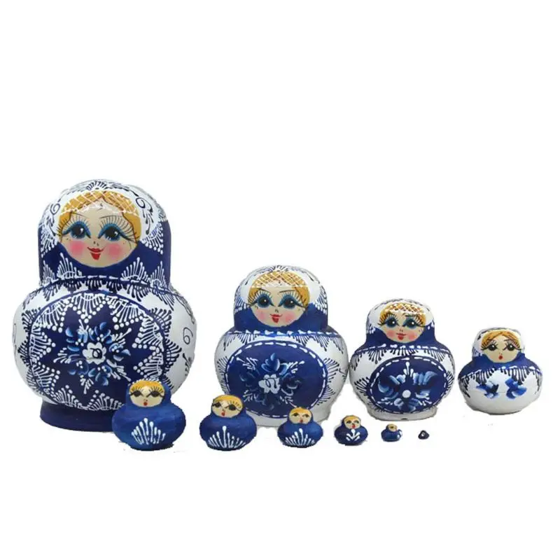 

85DE 10pcs/set Linden Wood Painted Russian Matryoshka Blue and White Porcelain Pot-bellied Doll DIY Nesting Stackable Dolls Home