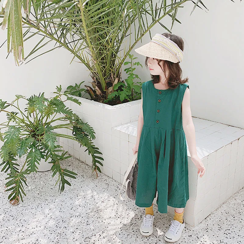 

LarLarBoom Girls' Culottes Fashion Children's Clothing 2-8Years Kids Playsuits Single-breasted Wide-leg Pants Girl Jumpsuit