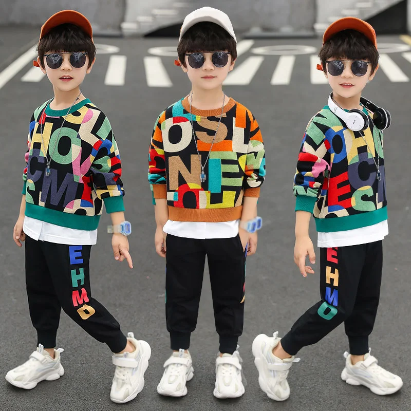 

Spring Autumn Boys Clothing Set Casual Hip-hop Letter Colorful Long Sleeve T-Shirt + Pants 2Pcs Suit Performance Kids Clothes