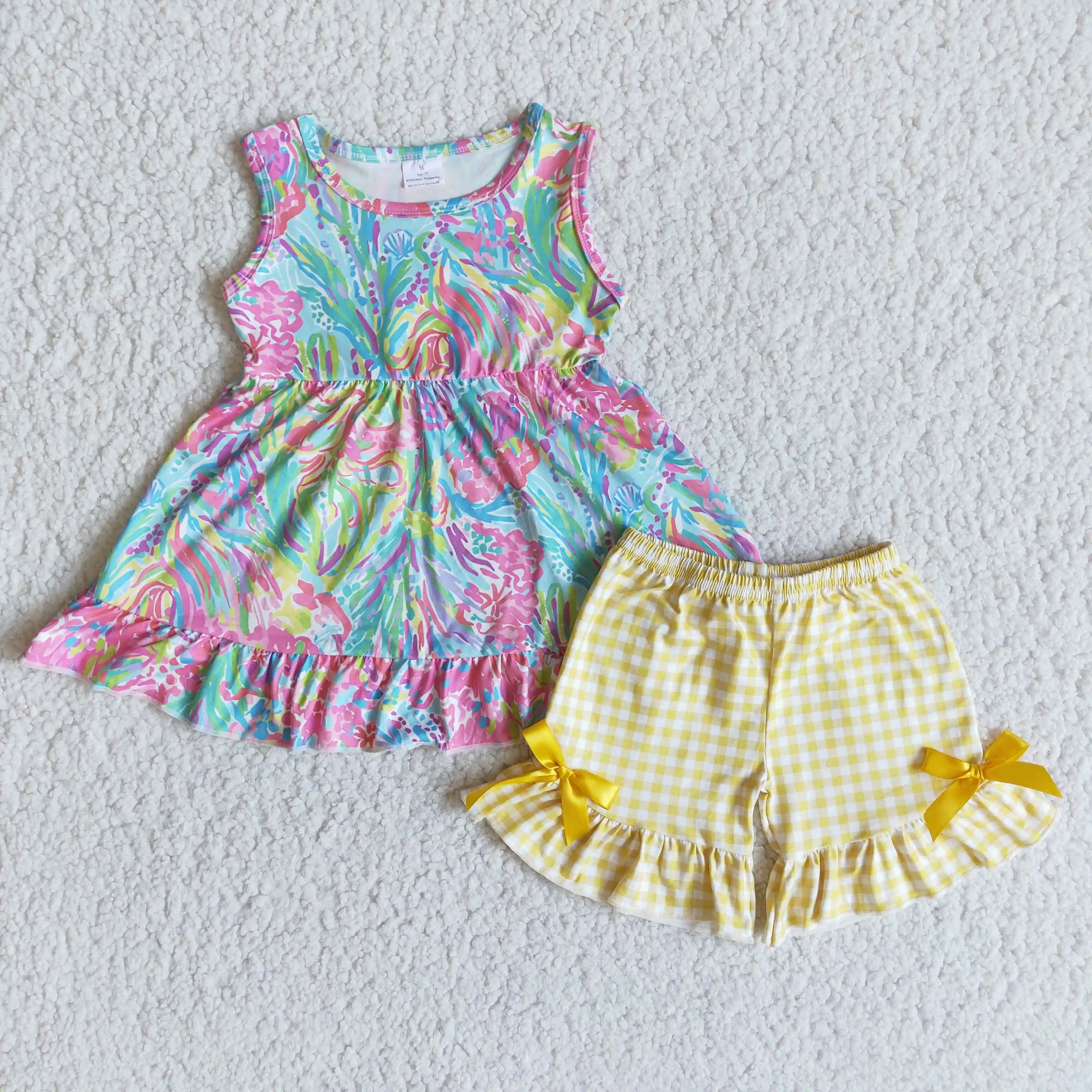 

Sleeveless Yellow Plaid Shorts Baby Girls Summer Outfits