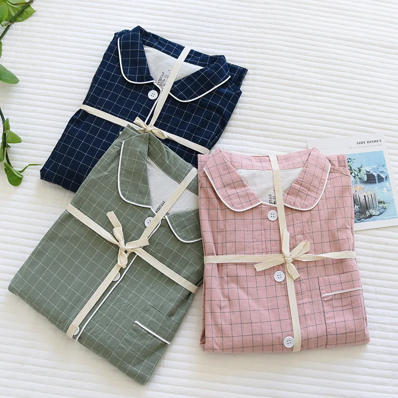 2Pcs/set Women's Pajamas Clothes Men Woven Home Wear Pajamas Suit Autumn Summer Plaid Print Couple Sleepwear Trousers & Tops