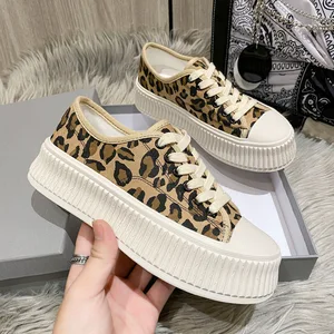2021 New Thick-soled Casual Leopard Print White Shoes Fashion Canvas Inside Heighten Shoes  4cm Shallow Mouth Women