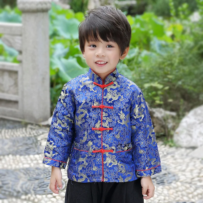 Bahar kostümleri çin için yeni yıl giysileri çocuk bebek Boys Tang takım elbise ceket ejderha baskı Retro üstler ve pantolonlar seti