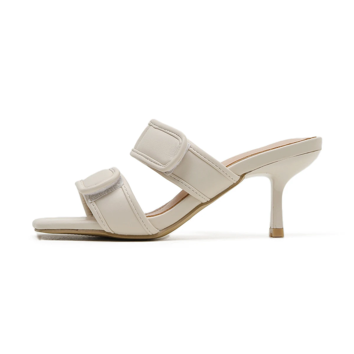 

Hook&Loop Slides Women High Heel Sandals Solid Slippers Slip-on Shoes Lady Mules Thin Heel