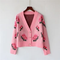 sweet pink flower embroidery temperament diamond studded v neck long sleeved sweater sweater womens coat loose top