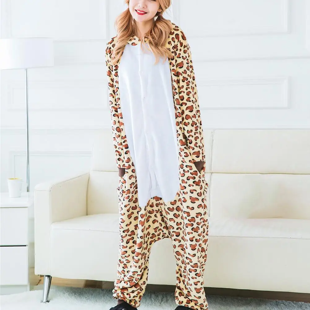 

Leopard Print One-piece Pajamas Adult Teenagers Women Warm Sleepwear Thicker Soft Size Flannel L Pijama Xl M S W4C7