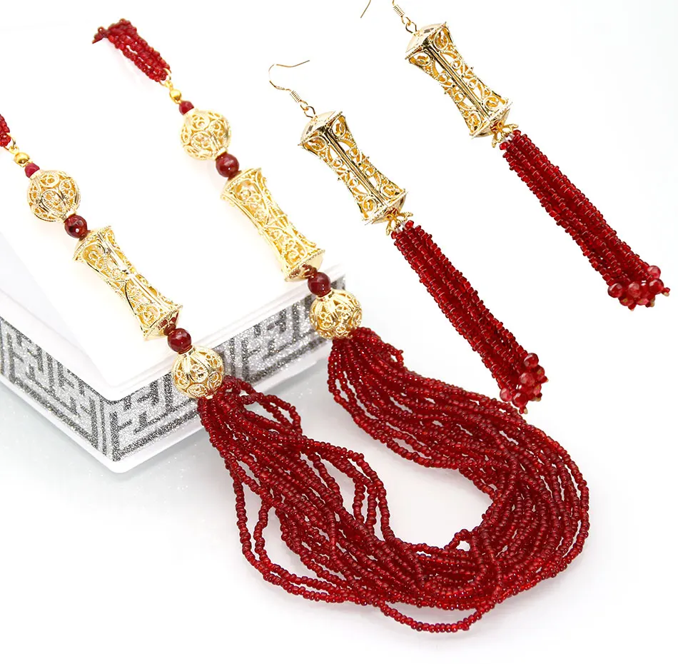 

Neovisson Classic African Bead Wedding Jewelry for Women Gold Color Algeria Dangle Earring&Necklace Ethnic Bridal Bijoux