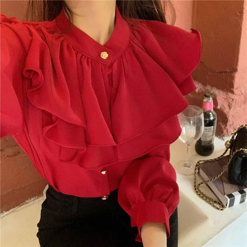 

RUGOD 2021 spring ruffled shirt ladies long-sleeved shirt design niche chic top