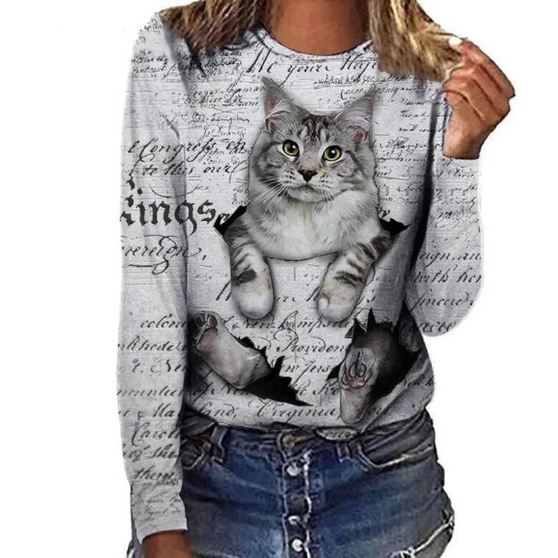 

Autumn Women T-Shirt Cute Cat Print Women Clothes Long-Sleeve Tee Spring Fashion Casual Streetwear Tops Elegant Ladies Shirt