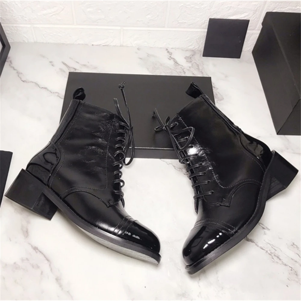 New Genuine Leather Lace Up Women Spring Autumn Boots Round Toe Thick Heel Ankle Shoes White and Black Size35-40 | Обувь