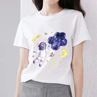 womens t shirt simple casual slim cartoon cute astronaut print round neck comfortable and breathable ladies short sleeved shirt