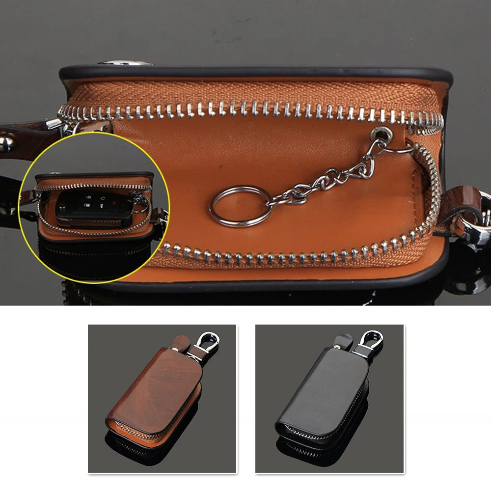 

1 Pcs Car Key Protective Cover Zipper Pouch Keychain Black Brown Leather Key Case Universal Automobiles Interior Accessories