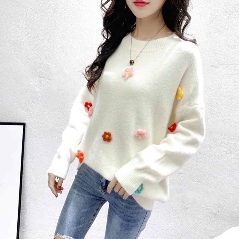 Женский Повседневный свитер с цветочной вышивкой женский длинным рукавом и