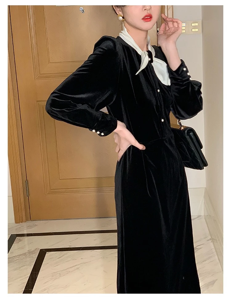 

Женское бархатное платье средней длины, элегантное черное винтажное офисное платье с длинным рукавом, Осень-зима 2021