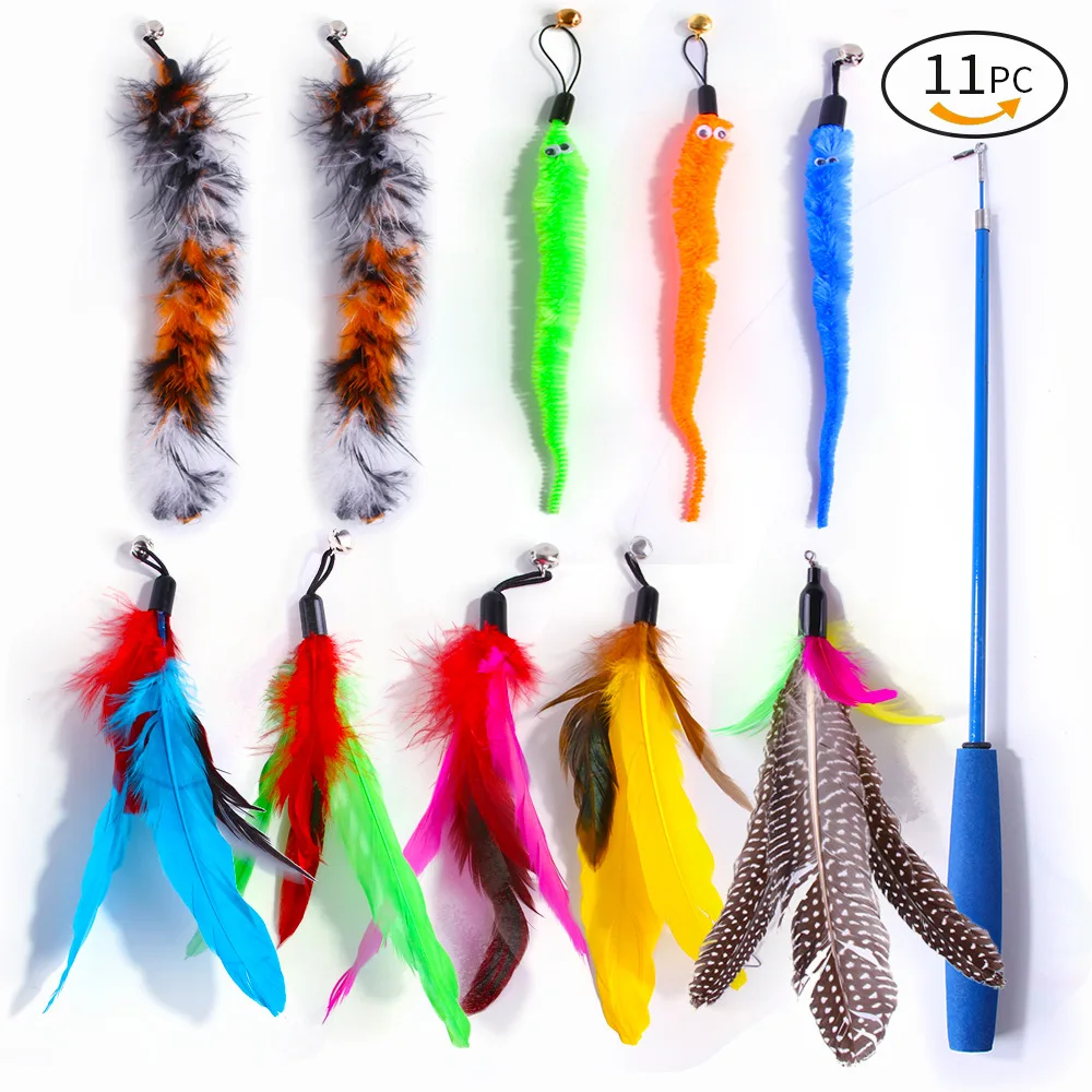 

Cat Feather Toy Sets 1Pcs Retractable Cat Wand Toy and 10cs Replacement Teaser with Bell Refills Interactive Cat Wand for Kitten