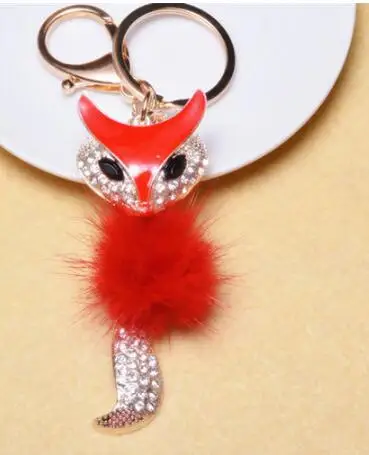 

10pcs/lot trendy style female rhinestone fox keychain lady fur crystal fox car key ring
