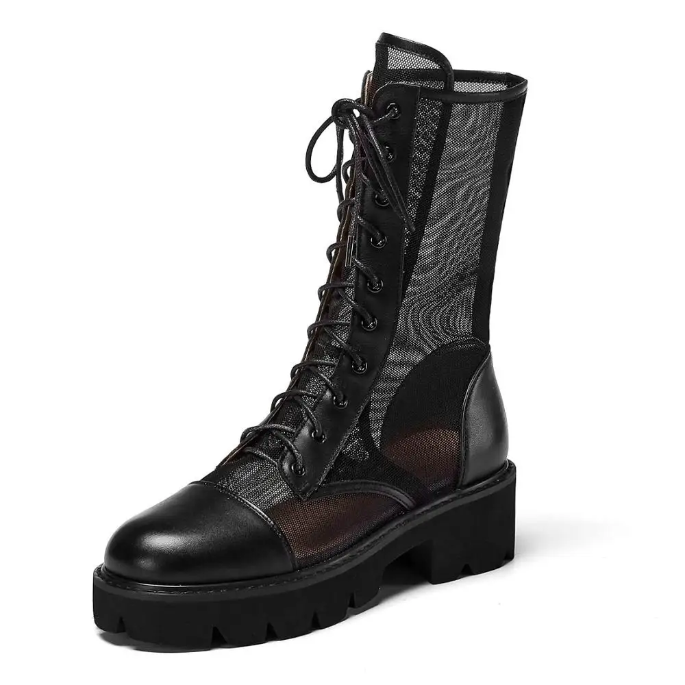 

Vichelo Hot 2020 new style full grain leather air mesh sunscreen high heels Korean street pretty girls summer mid-calf boots L31