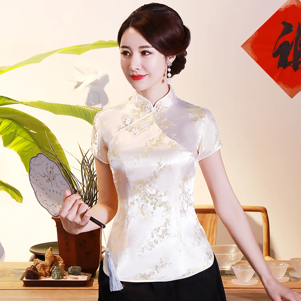 

Chinese Traditional Women Top Plus Size 3xl 4xl Blouse Satin Flower Shirt Vintage Handmade Button Shirts Short Sleeve Costume