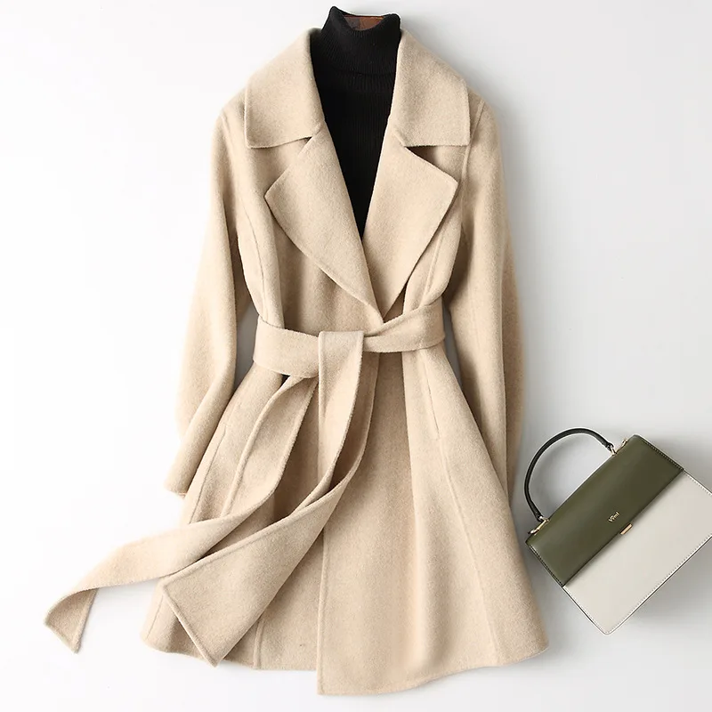 

100% Wool Double-Sided Woolen Overcoat Women Warm Long Sleeve Thick Midi Coats Solid Color With Belt Elegant Outwear Autumn 2021