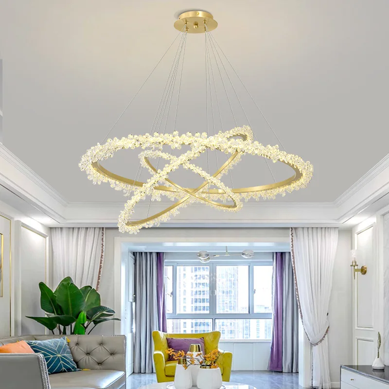 

New Post Modern All Copper Chandelier Living Room Dining Room Simple Ring Crystal Light Luxury Designer Creative Chandelier