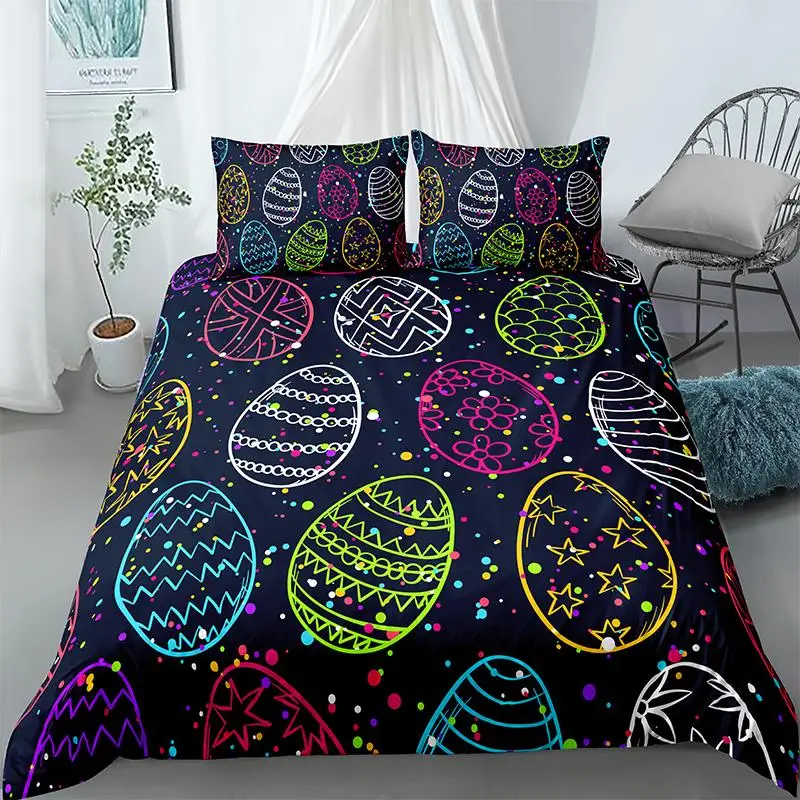 

3D Cartoon Eggs Printed Bedding Set 2/3pcs For Easter Duvet Cover Pillowcase for Home Bedroom Boho Decor Single Queen King Size