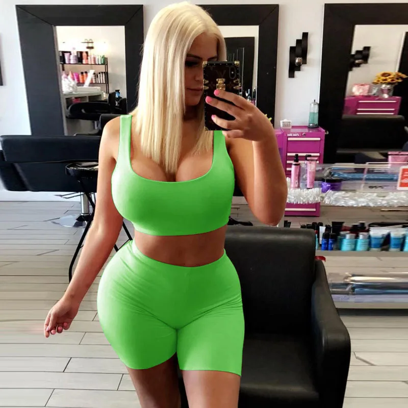 Женский спортивный костюм неоновый топ и короткие брюки одежда для тренировок