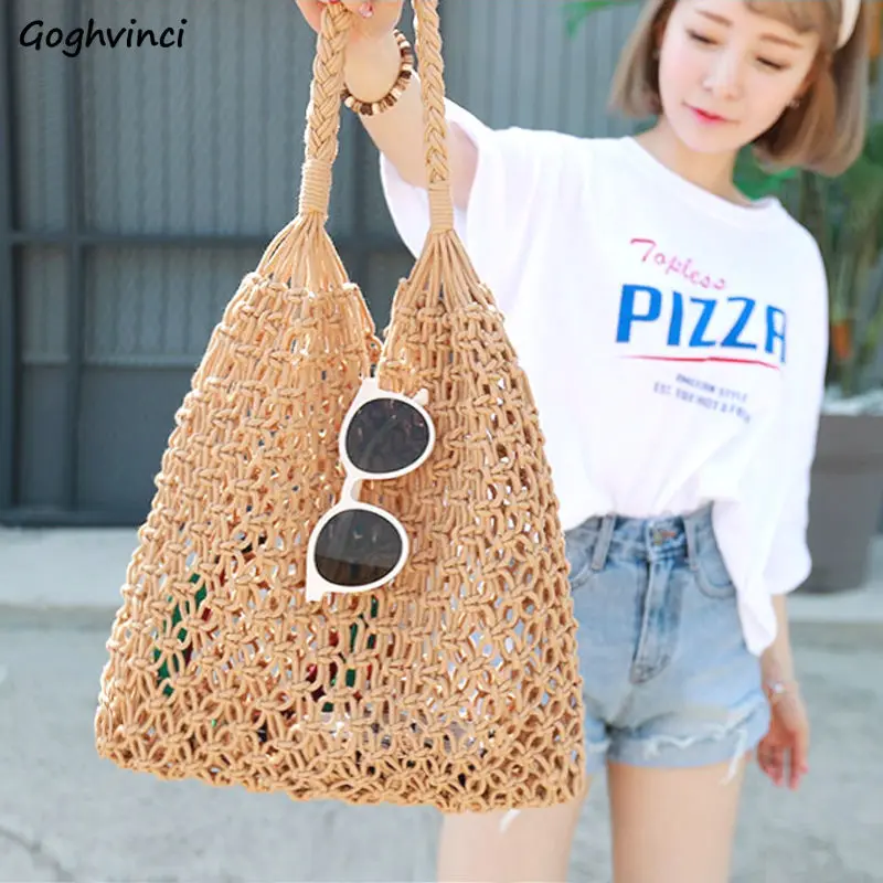

Women Shoulder Bags Solid Simple Large Capacity Weave Hollow-out Daily Travel Holiday All-match Students Chic Soft Korean Style