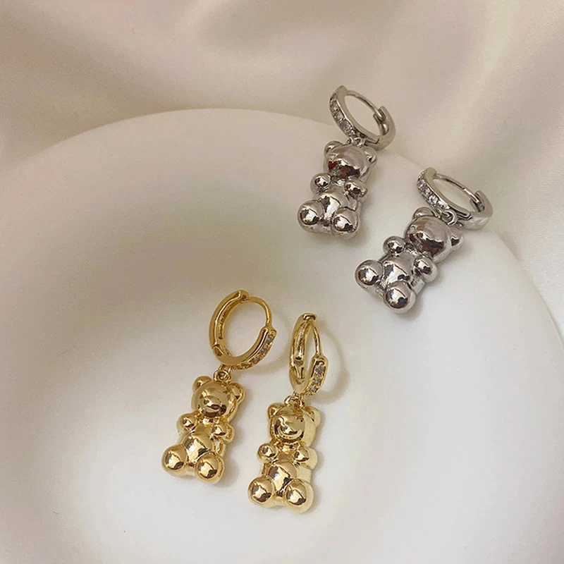 

Trendy New Cute Cartoon Zircon Bear Hoop Earrings For Women Gold Silver Color Metal Animal Circle Hoop Earring Wedding Jewelry