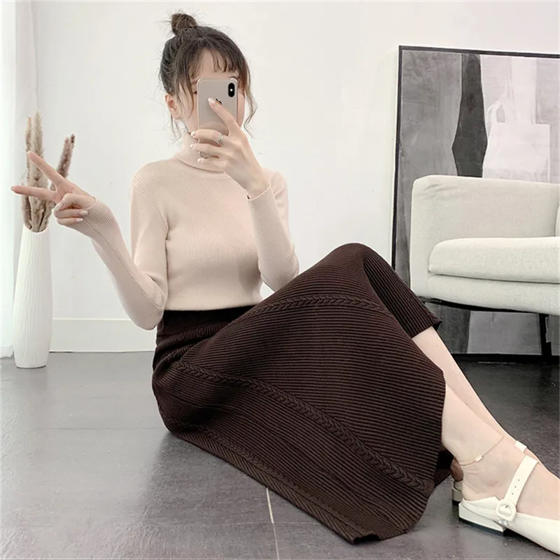 

Mazefeng 2020 Women Autumn Winter Midi Skirt Mid-Calf Elasticity Package Hip Empire Korean Style Fashion Elegant Skirt One Size