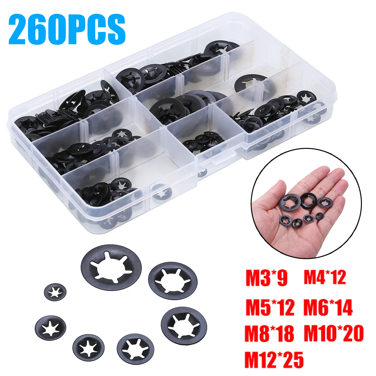 

260pcs Starlock Push-on Locking Washers Assorted Kit Star Nut Metal M3 M4 M5 M6 M8 M10 M12 Quick Speed Star Nut Locking Fastener