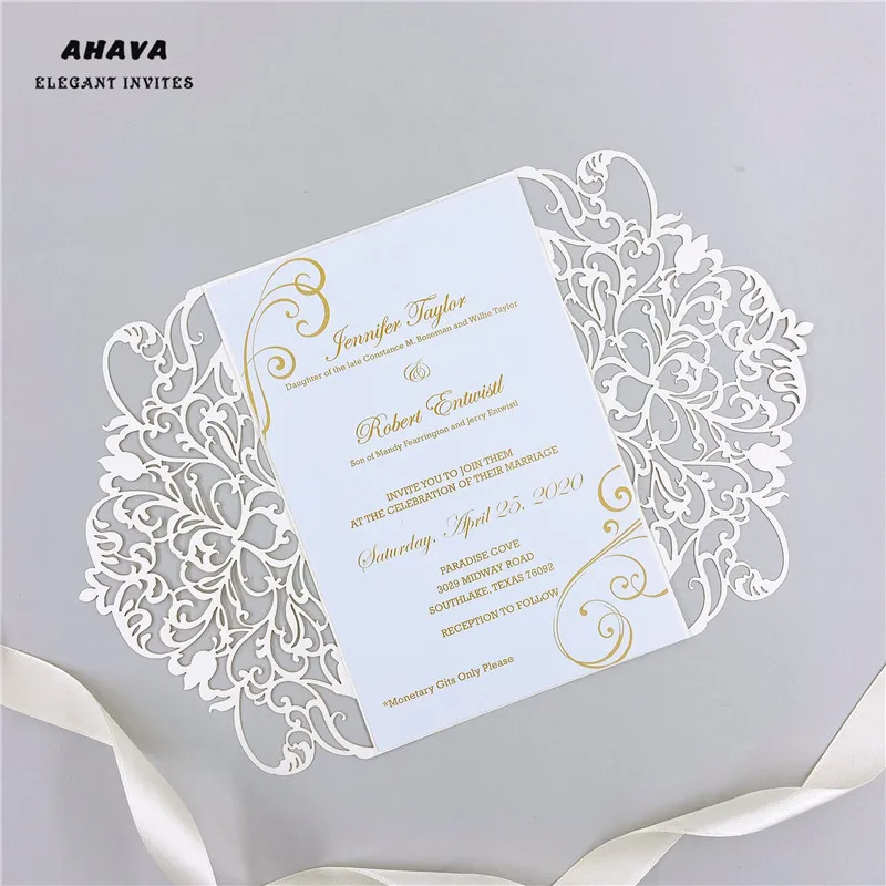 Перламутровая слоновая кость Lasercut приглашение карманные складные лазерная