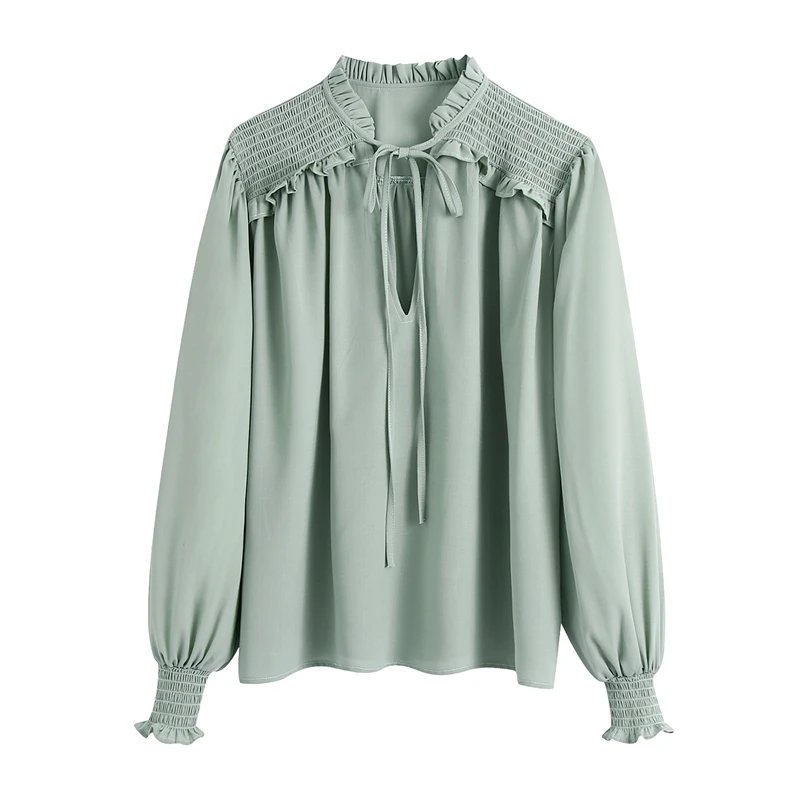 

Retro Women's Oversized Green Bowknot Shirt Long Sleeve Chic Women's Office Ladies Wood Ear Collar Shirt Blusas Femininas