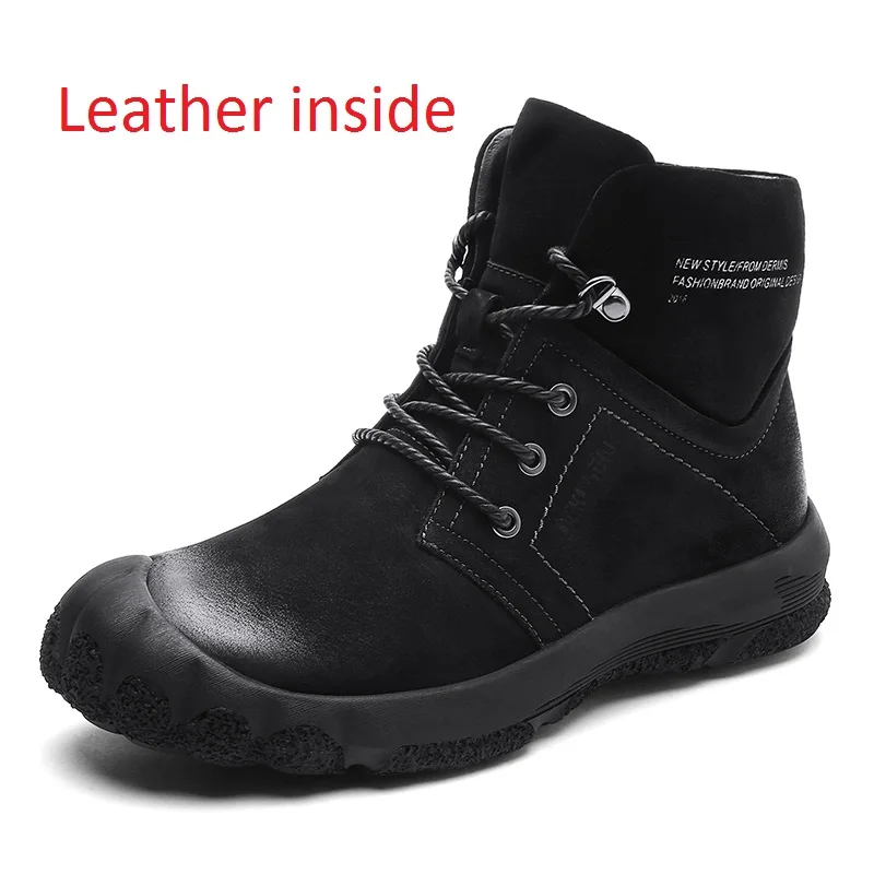 Leather inside Зимние ботинки из натуральной кожи; Мужские Водонепроницаемые зимние ботинки; уличная теплая зимняя обувь для мужчин; нескользящие ботильоны; Уличная обувь - Цвет: Leather inside