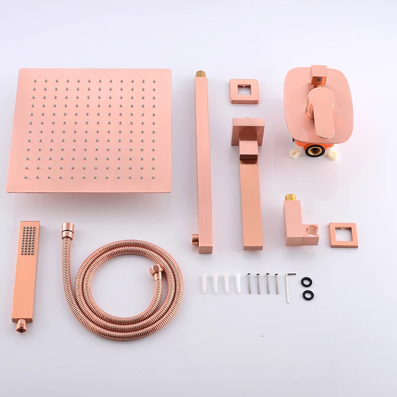 Hongdec Bathroom Brass 12 Inch Ceiling Mount Rainfall Shower Faucet System Mixer Set ,Brushed Rose Gold Finsh
