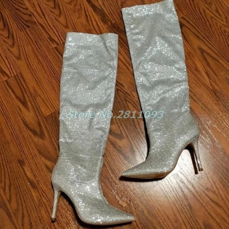 

Sparkly Sexy Women's Heels Boots Slouchy Rhinestone Shoes Studded Runway Dress Women Shoes Pointed Toe Thin Heel Boots
